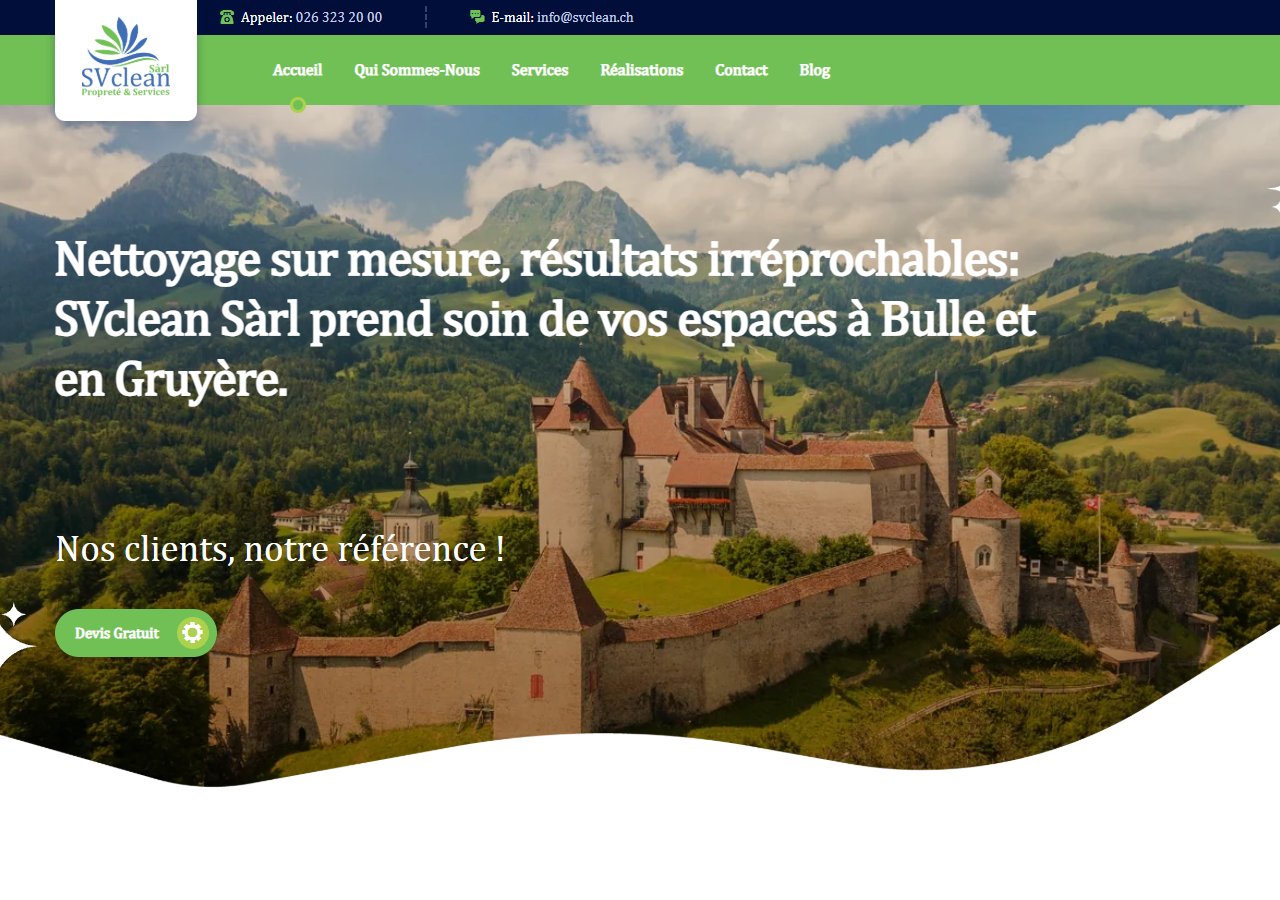 Aperçu du site SVClean reconstruit : navigation verte, photographie de la Gruyère et présentation des services de nettoyage.